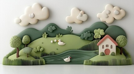 Whimsical Pastel Green 3D Render of Ducks Near Pond and Small House