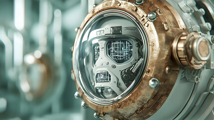 Steampunk robot face inside a glass bubble. Futuristic design with intricate details. Perfect for sci-fi illustrations or tech-themed projects.