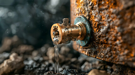 Close-up of a brass valve releasing water. The image showcases texture and detail. Use it for industrial design or concept art. Great for visualizing a project or setting.