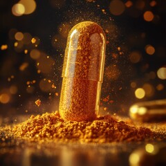 Close-up of dusty pill capsule Turmeric Curcumin