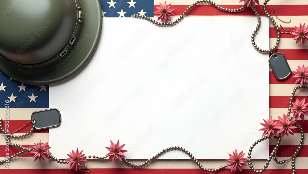 Poster sleek memorial day frame featuring military helmet and dog tags with clean copy area for text - perf
