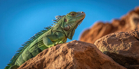 Fototapeta premium majestic iguana basking in sun on rocky outcrop, showcasing its vibrant green scales and unique features against clear blue sky