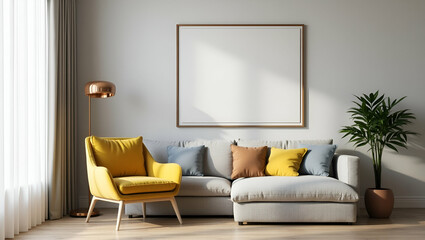 Flat Living room with sofa chair and picture frame on wall highlighting cozy and stylish home interior design. concept as Living room with sofa chair and picture frame on wall highlighting cozy and st