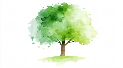 Tree Illustration Watercolor depiction of a green tree on a small green hill, against white