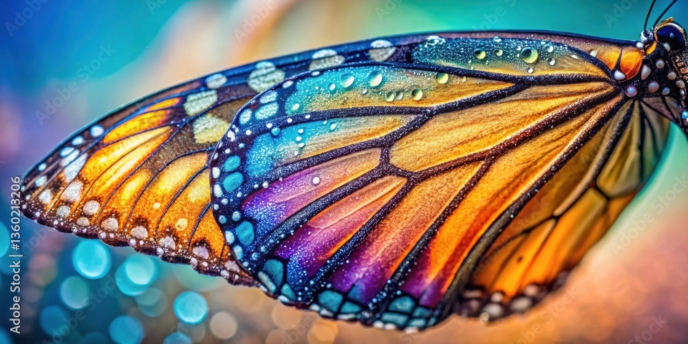 Poster close-up view of a vibrant butterfly wing with dew drops, showcasing intricate details and iridescen