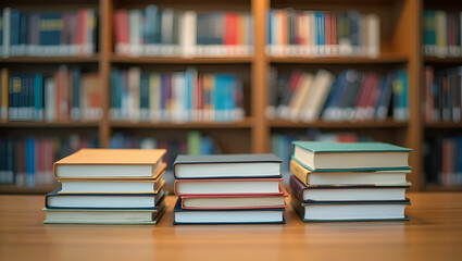 Organized Book Arrangement: Flat Piles on Table in Library Setting