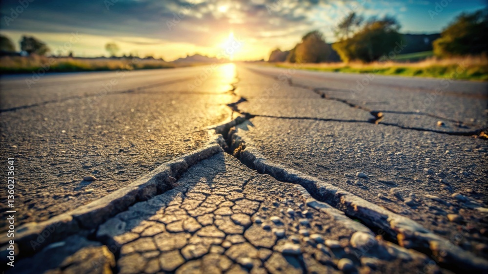 Aufkleber sunset over a cracked asphalt road showing the texture and deep cracks in the pavement