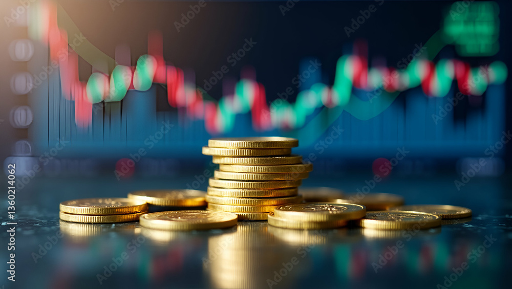 Poster flat stacked gold coins reflecting on table with financial stock market graph background - a simple 