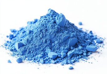 Vibrant blue pigment powder heap with various textures and shades for creative projects, art applications, and crafting materials in bright lighting setting