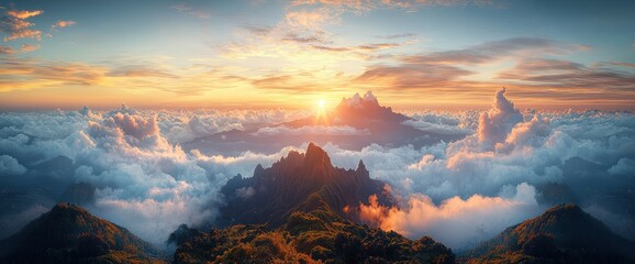 Sunrise over Mountain Peaks in Clouds (1)