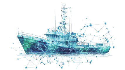 An illustration of a fishing vessel depicted in a stylized manner.  The vessel is rendered in shades of blue and teal, with an overlay of interconnected lines and points suggesting a network or