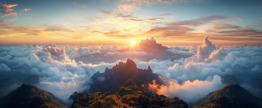 Sunrise over Mountain Peaks in Clouds (1) - Powered by Adobe