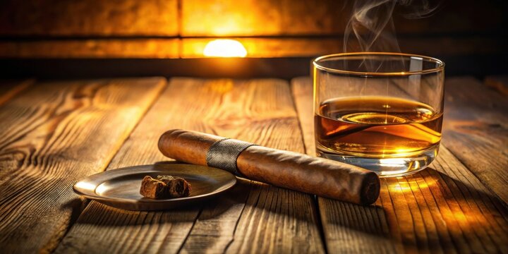 Aromatic Indulgence Golden Hour Relaxation with a Premium Cigar and a Glass of Fine Spirit on a Rustic Wooden Table
