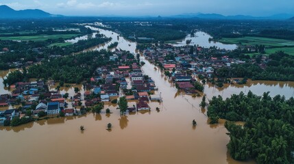 Aerial view of a flooded town with surrounding natural landscape