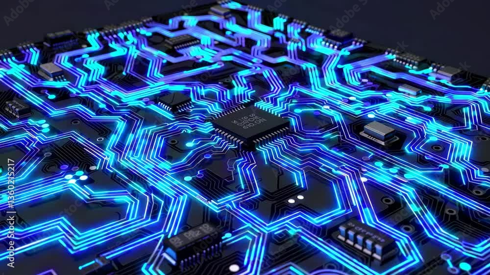 Poster visual representation of a futuristic circuit board illuminated by blue light and intricate pathways