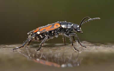 Fototapeta premium Black And Orange Beetle On Wet Surface Macro Photography