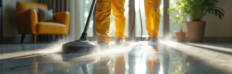 Cleaners use advanced cleaning technologies for floor. Team wears yellow protective uniform. Pro disinfection service ensures hygiene. Cleaning staff at work. Sanitation work, professional cleaning