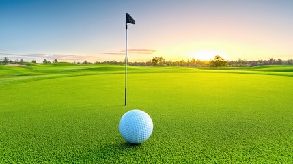 Obraz premium A pristine golf ball rests on a perfectly manicured green putting surface near the flag stick at sunrise on a beautiful golf course.