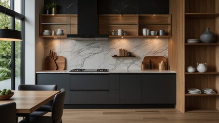 Modern kitchen with marble backsplash, wooden shelves, and dark cabinets