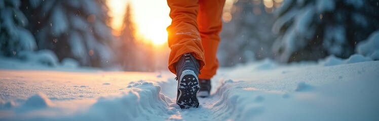 Person walks through fresh snow in winter forest at sunrise. Orange snow pants, hiking boots on snowy trail. Magical winter wonderland with trees covered with snow. Winter outdoor activity, vacation,
