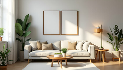 Cozy Living Room Decor: Stylish Furniture, Small Plant Pots, and Picture Frames for a Chic Home Environment - Simple Flat Cute Vector Illustration for Smart Business Tone