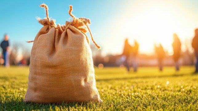 Fun outdoor sack race on sunny day with enthusiastic participants of all ages