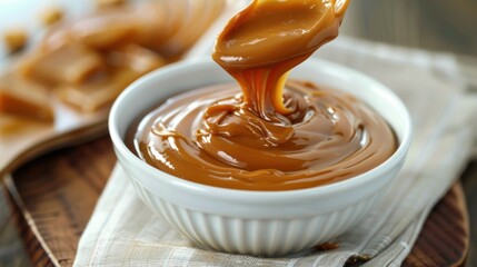Tasty sweet creamy Dulce de leche on bowl of traditional homemade food menu