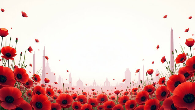 Memorial Day border with national monuments and poppies offering space for personalized text concept as Memorial Day frame featuring national monuments and poppies for personalized text in  Photo Stoc