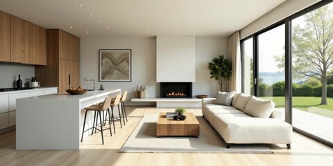 Fototapeta premium Modern Minimalist Home Interior Design Featuring Open Floor Plan, Island Kitchen, and Cozy Living Area with Fireplace