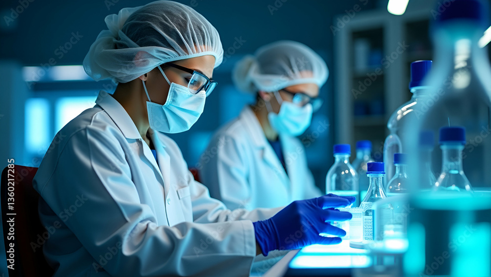Aufkleber advanced research and innovation: scientists in protective gear conducting experiments in a high-tec