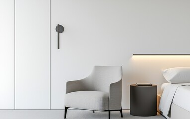 Modern Minimalist Bedroom Interior with Gray Armchair and Subtle Lighting