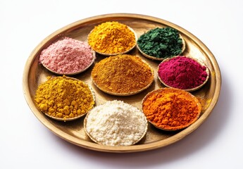 Vibrant Collection of Colorful Spices in Round Dishes on a Golden Plate Capturing the Essence of Culinary Arts and Traditional Cooking Experiences