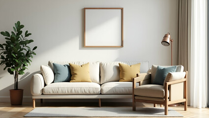 Cozy and Stylish Living Room Concept: Sofa Chair and Picture Frame on Wall - Perfect Photo Stock for Home Environment with Empty Space for Creative Design