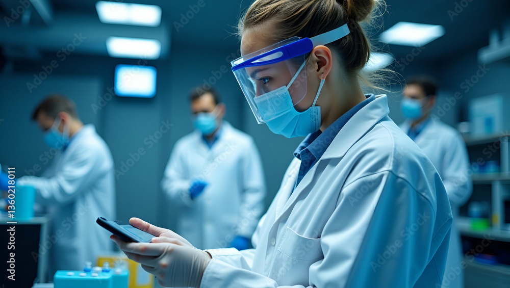 Aufkleber advanced research and innovation: scientists in protective gear conducting experiments in a high-tec