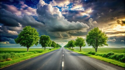 Fototapeta premium Asphalt road disappearing into a vibrant green landscape under a dramatic sky with lush trees lining the path