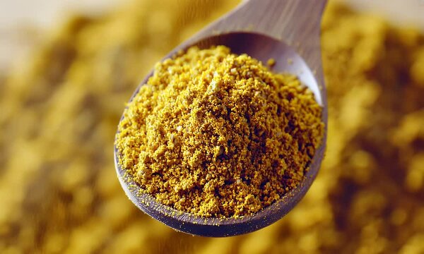 Close-up view showcasing vibrant, yellow curry powder in a wooden spoon, with blurred texture background