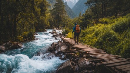 Obraz premium Adventurous hiker traversing a rustic wooden bridge over a fast-flowing river in nature