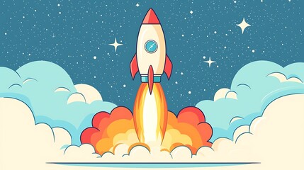 Rocket Launch for Startup Success, Night Sky.