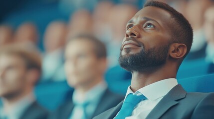 A teacher attending a professional development seminar, taking notes while looking tired in a crowded conference room,