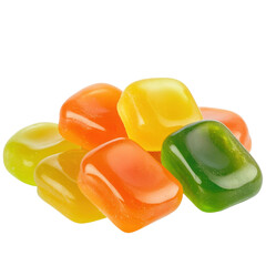 Colorful assortment of gel candies stacked on a white background
