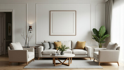 Stylish Home Living Space: Sofa Arrangement with Picture Frame on Wall - Comfortable and Chic Interior Design Concept with Empty Space for Personal Touch in Photo Stock