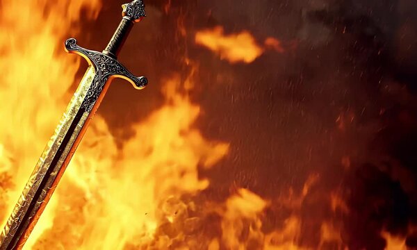 Sword with an ornate hilt is bathed in fire. The background glows
