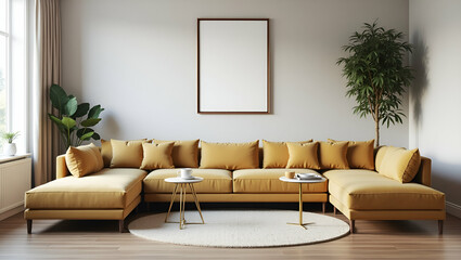 Stylish Home Living Space: Sofa Arrangement with Picture Frame on Wall - Comfortable and Chic Interior Design Concept with Empty Space for Personal Touch in Photo Stock