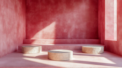 a minimalist and clean podium scene with soft pink walls, casting gentle shadows on the ground.