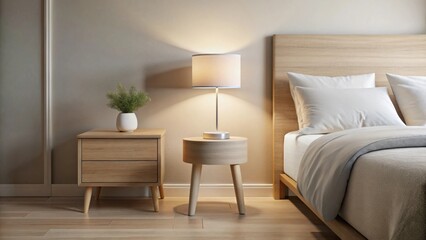Fototapeta premium Serene Bedroom Interior Design Featuring a Wooden Bed, Nightstands, and a Table Lamp Illuminating a Peaceful Atmosphere
