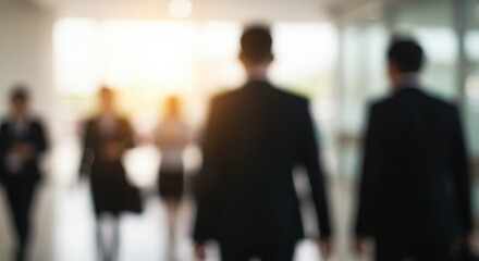 Defocused business people walking away, light background