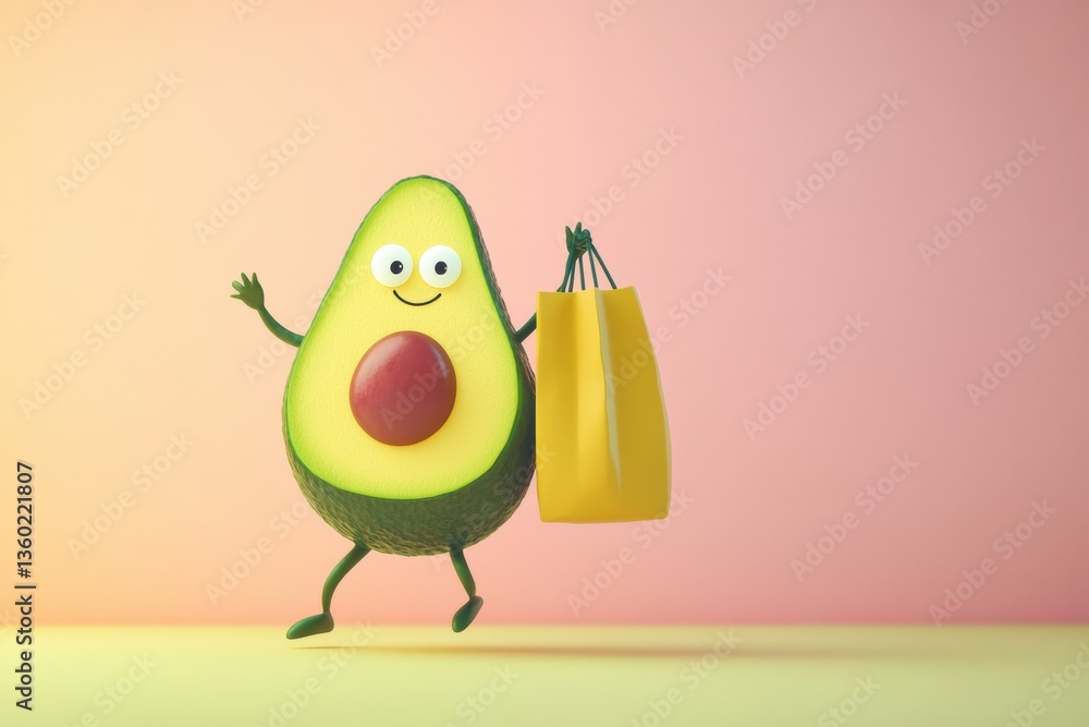 Poster humorous cartoon avocado joyfully carries a grocery bag in a playful pastel setting with exaggerated