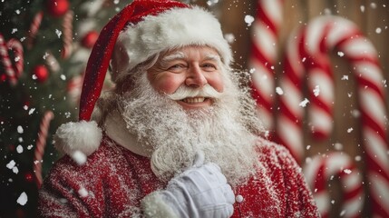 Santa Claus and North Pole, in front of his iconic workshop surrounded by candy canes and snow