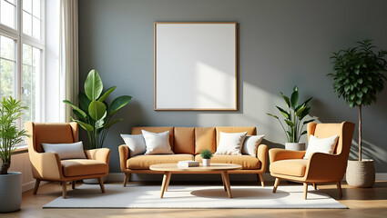 Modern Living Room Setup: Stylish Chairs, Comfortable Sofa, and Small Plant Pots in a Flat Cute Vector Illustration Showcasing Contemporary Interior Design Concepts