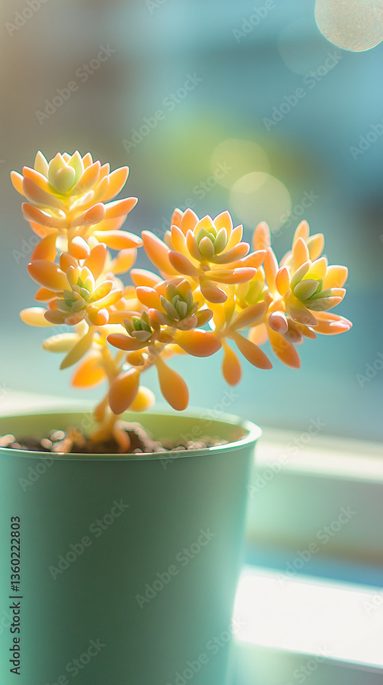 Aufkleber peach-colored succulent in a teal pot, bathed in sunlight near a window, creating a serene and peace